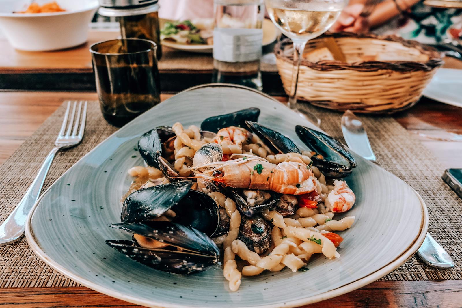 Linguine seafood plate with prawns and mussels