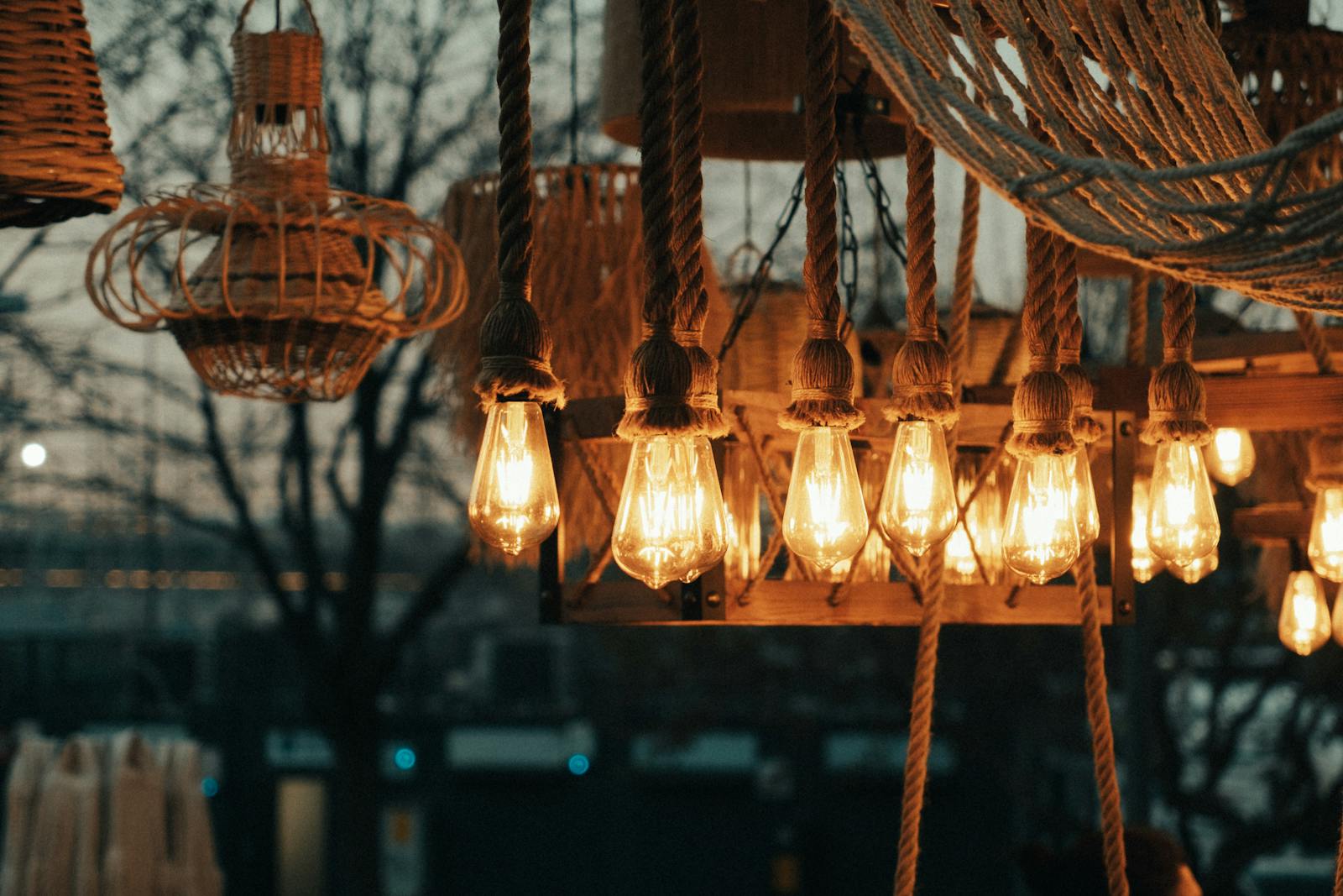 Suspended lanterns in the garden at dusk